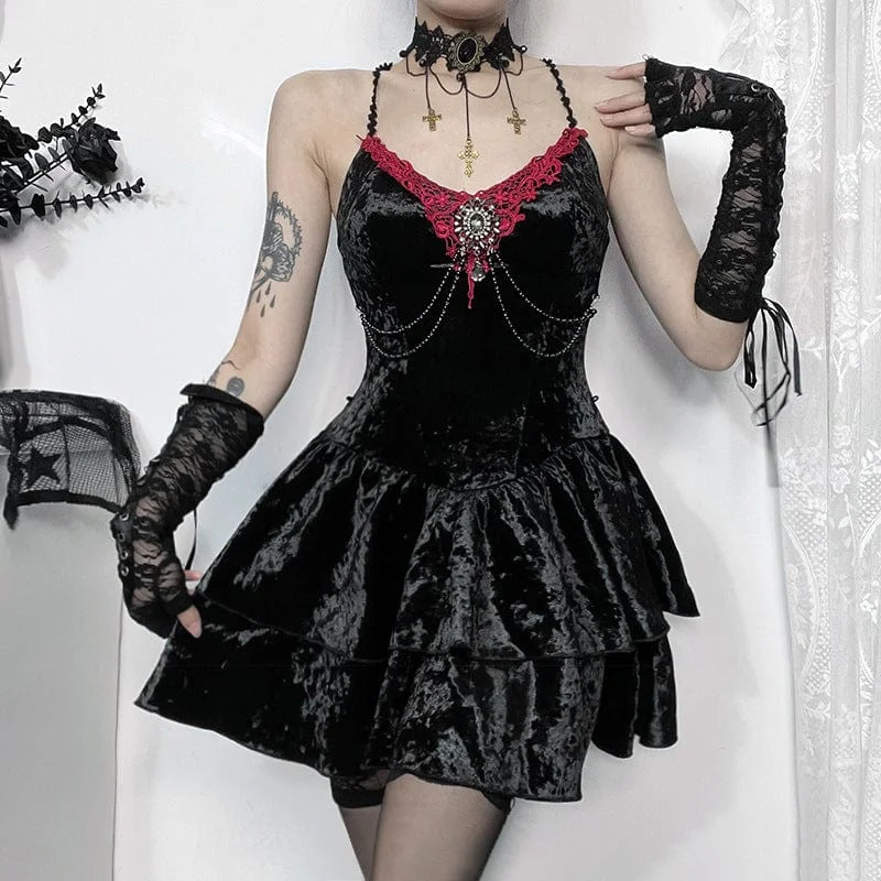 Women's Gothic Chain Layered Velvet Party Slip Dress Casual Short Summer