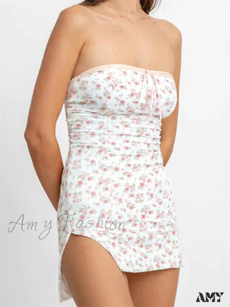 Amy Fashion - Strapless Off Shoulder Fairy Floral Print Backless Mini Dress Comfortable Ruffle Mini Dress