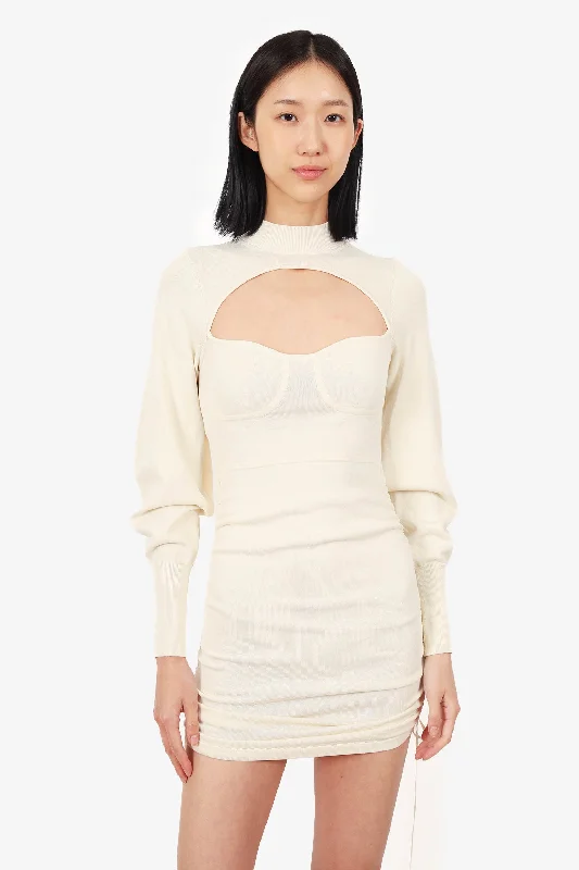 NBD Off White Ribbed Ruched Mini Dress Size S Stylish Sweetheart Neck Mini Dress