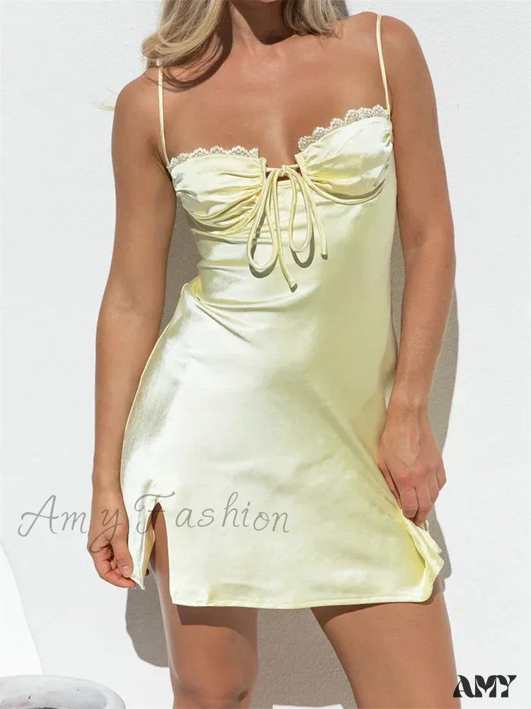 Amy Fashion - Lace Satin Sleeveless Spaghetti Strap Front Tie up Mini Dress Trendy Lace Mini Dress
