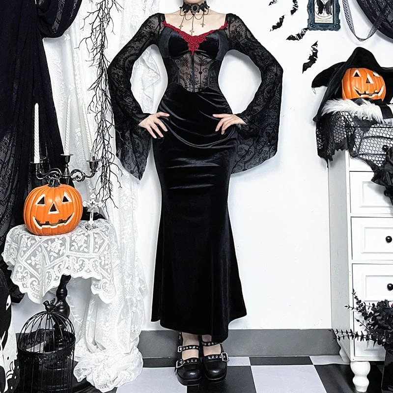 Women's Gothic Lace Crochet Maxi Dress Black Red Tunics Practical durable
