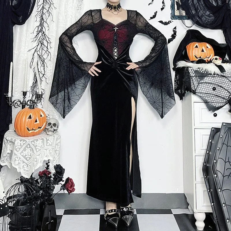 Women's Gothic Flared Sleeved Velvet Splice Witch Dress Tunics Polka dots