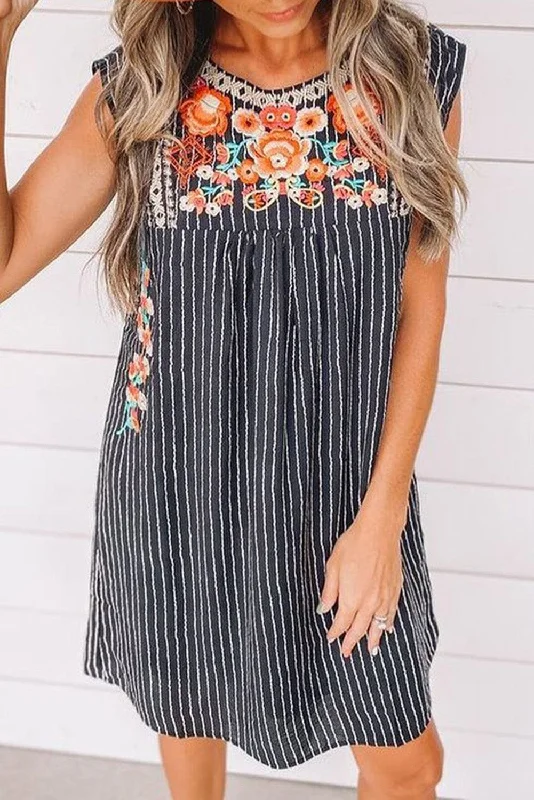 Blue Striped Embroidered Sleeveless Mini Dress with Southern Belle Style Stylish Summer Mini Dress