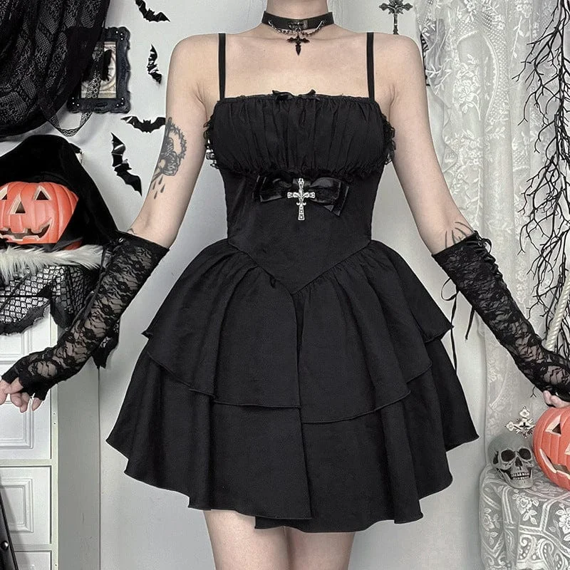 Women's Gothic Pleated Cross Slip Dress Tunics Fleece cozy