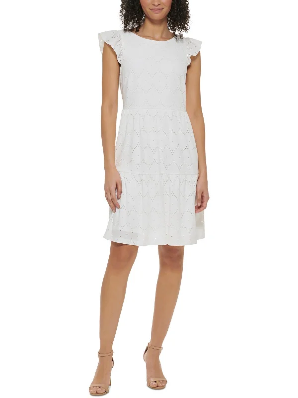 Womens Eyelet Jersey Shift Dress Tunic Top Casual