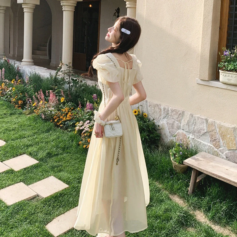 ikearlax Retro Tencel Dress Female  Summer New Elegant Slightly Mature Square Collar Puff Sleeve Slimming Long Dress Tunics Long Elegant