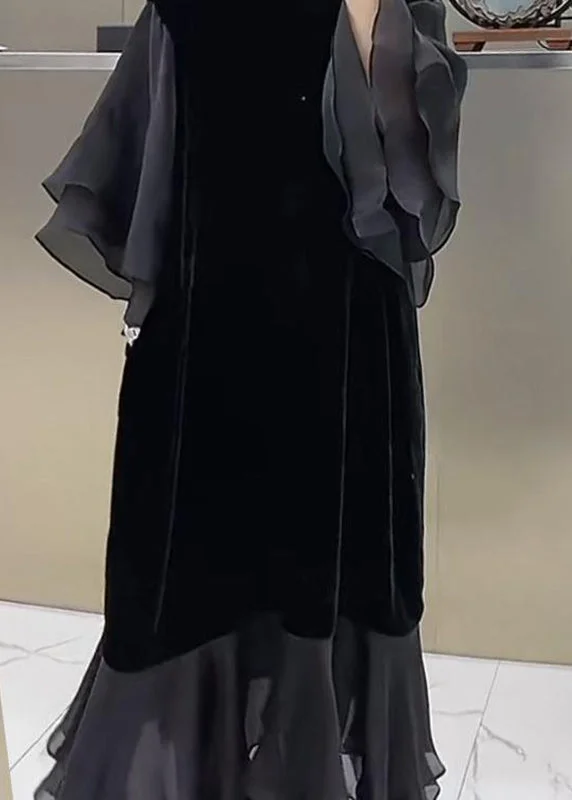 Plus Size Black O-Neck Patchwork Silk Velvet Maxi Dress Butterfly Sleeve WD032 Tunics Seasonal trendy
