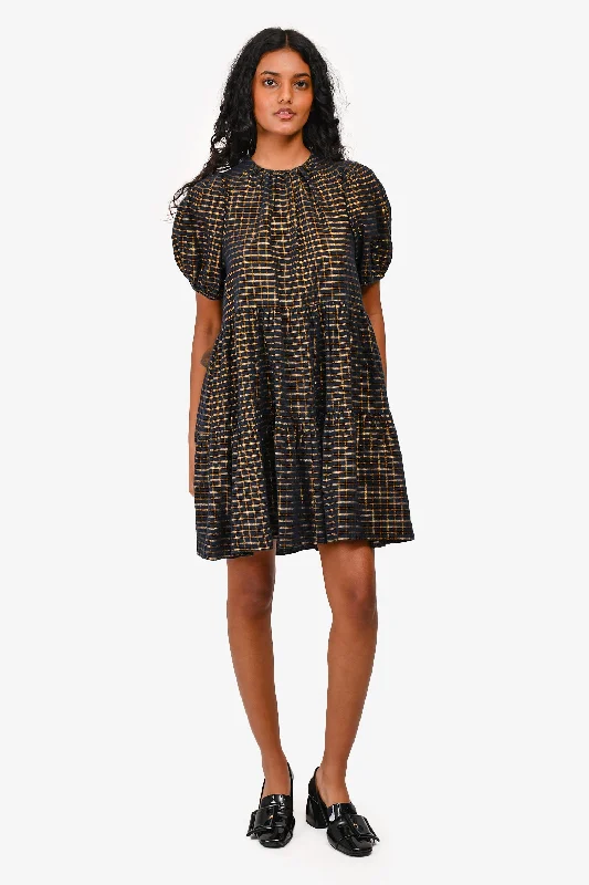 Ulla Johnson Navy/Gold Cotton Check Puff Sleeve Mini Dress Size 2 Fashionable Button-Front Mini Dress