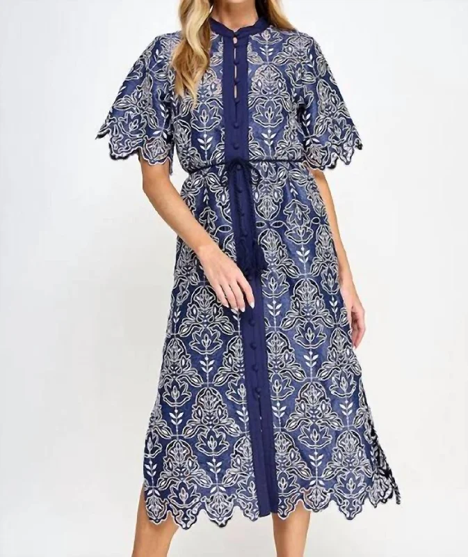 Button Down Eyelet Midi Dress In Navy Tunics Mesh breathable
