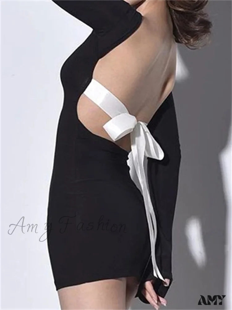 Amy Fashion - Autumn Slim Fit Backless Black Long Mini Dress Elegant Off-Shoulder Dress Mini