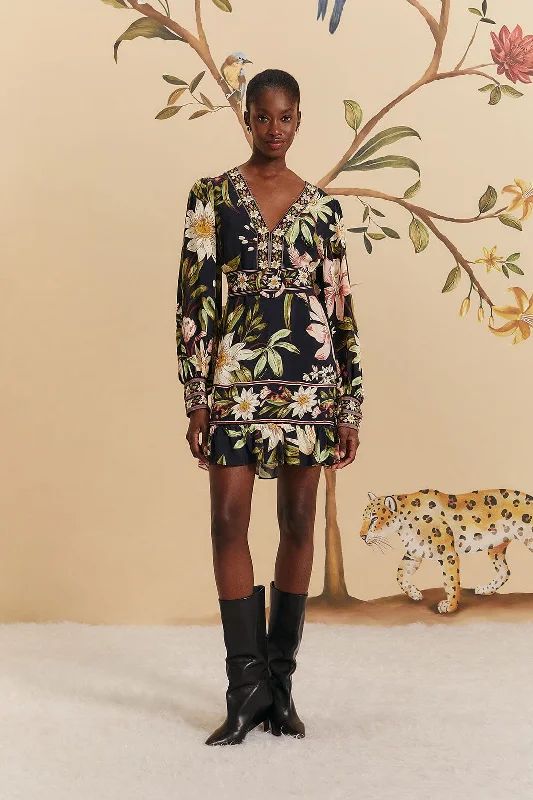 Farm Rio Surreal Flowers Black Long Sleeve Mini Dress Black Trendy A-Line Mini Dress