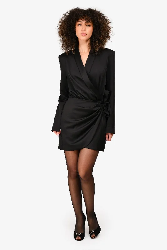 Misha Black Satin Wrap Shoulder Padded Mini Dress Size 6 Comfortable Wrap Mini Dress