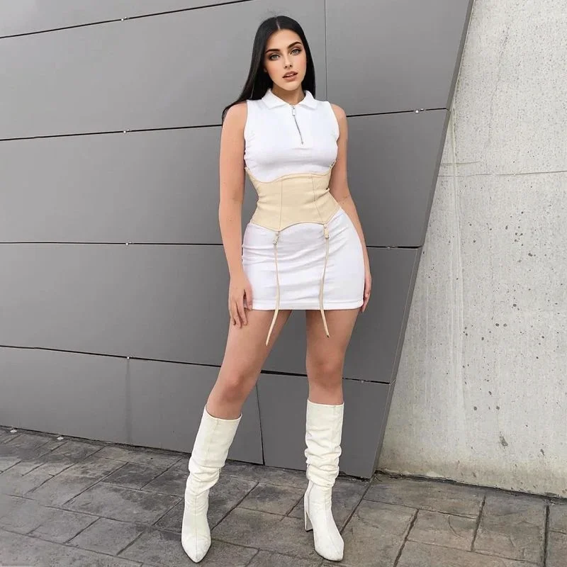 Julia Fashion - Contrast Color Turn-Down Collar Zipper Bodycon Mini Dress Stylish Puff Sleeve Mini Dress