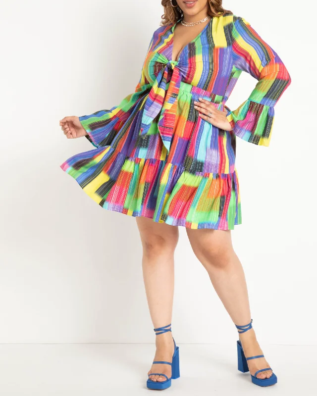 Tie Front Mini Dress | Psychadelic Blocks Stylish Ruffle Mini Dress