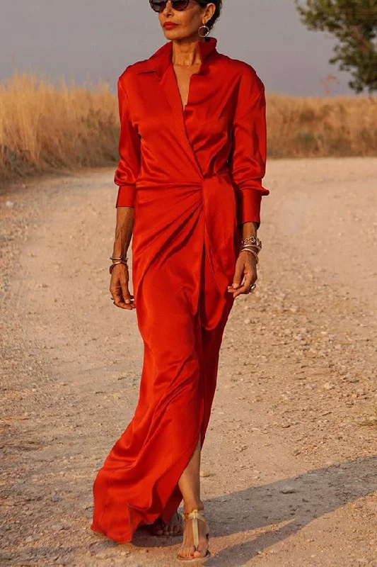 Red Satin Wrap Shirt Maxi Dress QB034 Tunics Yoga stretchy