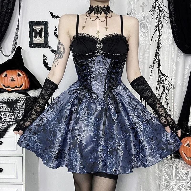 Women's Gothic Floral Lace Slip Dress Black Blue sweetheart Neckline Romantic