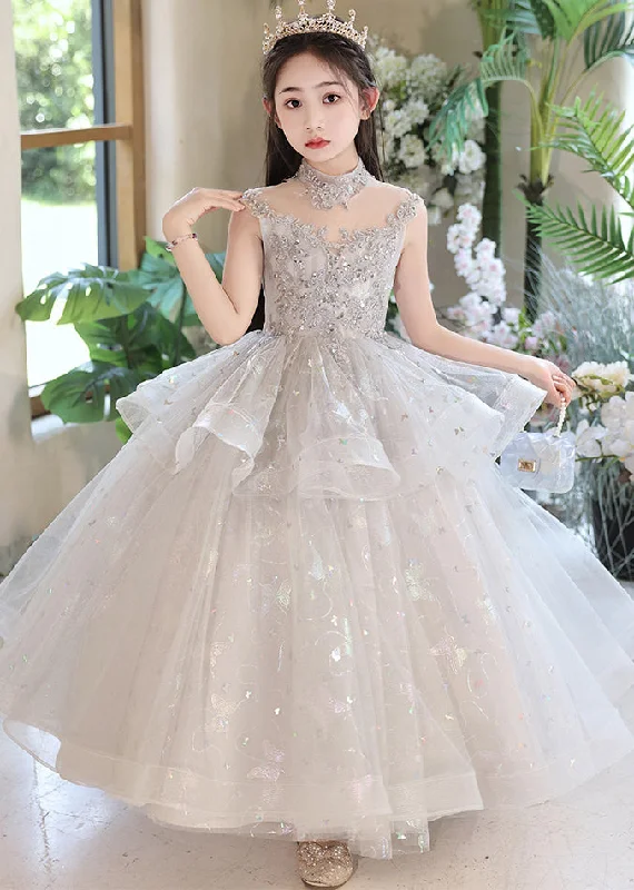 Beautiful Grey Sequins Patchwork Tulle Kids Maxi Dresses Summer QV011 Tunics Leisure comfortable