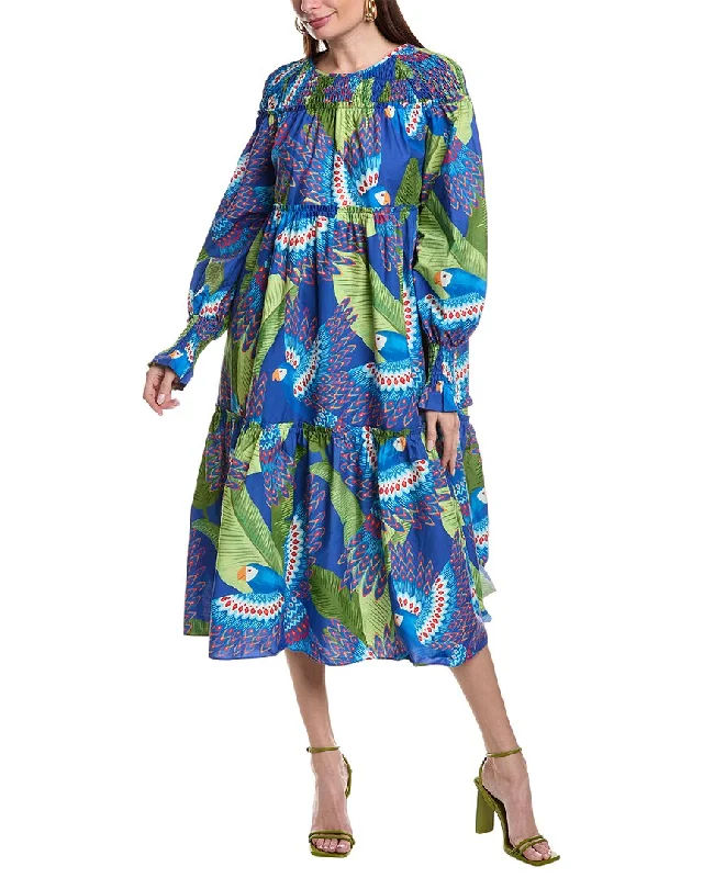 FARM Rio Blue Macaw Midi Dress Halter Neckline Beach
