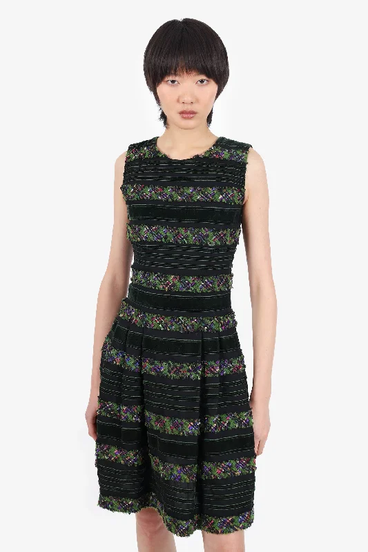 Oscar de la Renta Green/Black Tweed/Velvet Sleeveless Mini Dress Size 4 Stylish Spaghetti Strap Mini Dress