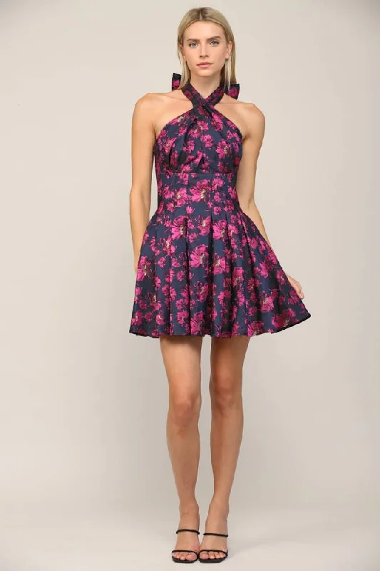 Cross Neck Tied Back Mini Dress Stylish Puff Sleeve Mini Dress