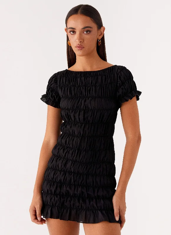 Rita Ruched Mini Dress - Black Trendy Mini Dress with Belt