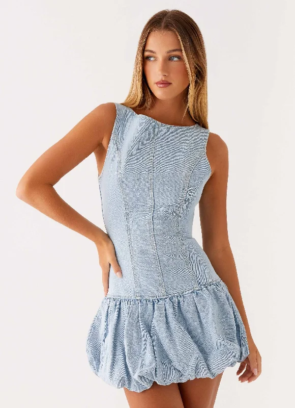 Meg Bubble Mini Dress - Blue Elegant Lace-Up Mini Dress
