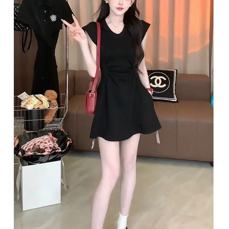 ikearlax Style Gentle Black Short Skirt  Summer New First Love Sweet Pure Desire Wind Waist Slimming Dress Tunics stripes playful