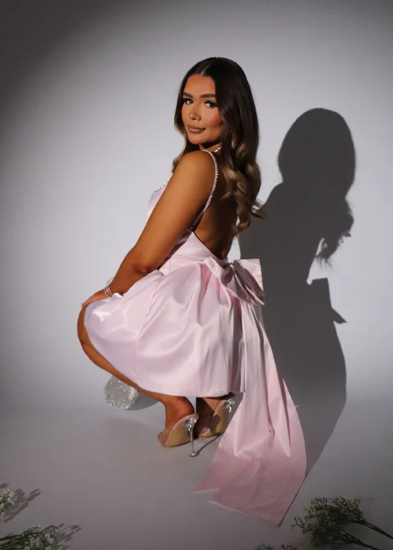 Princess Dreams Bow Mini Dress - Baby Pink Elegant Lace Mini Dress