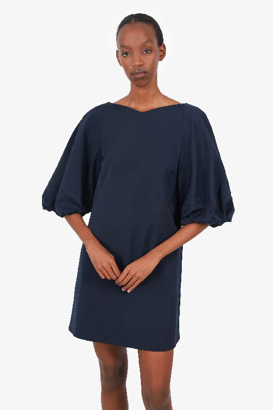Tibi Navy Blue Puff Sleeve Mini Dress Size 6 Fashionable Boho-Chic Mini Dress