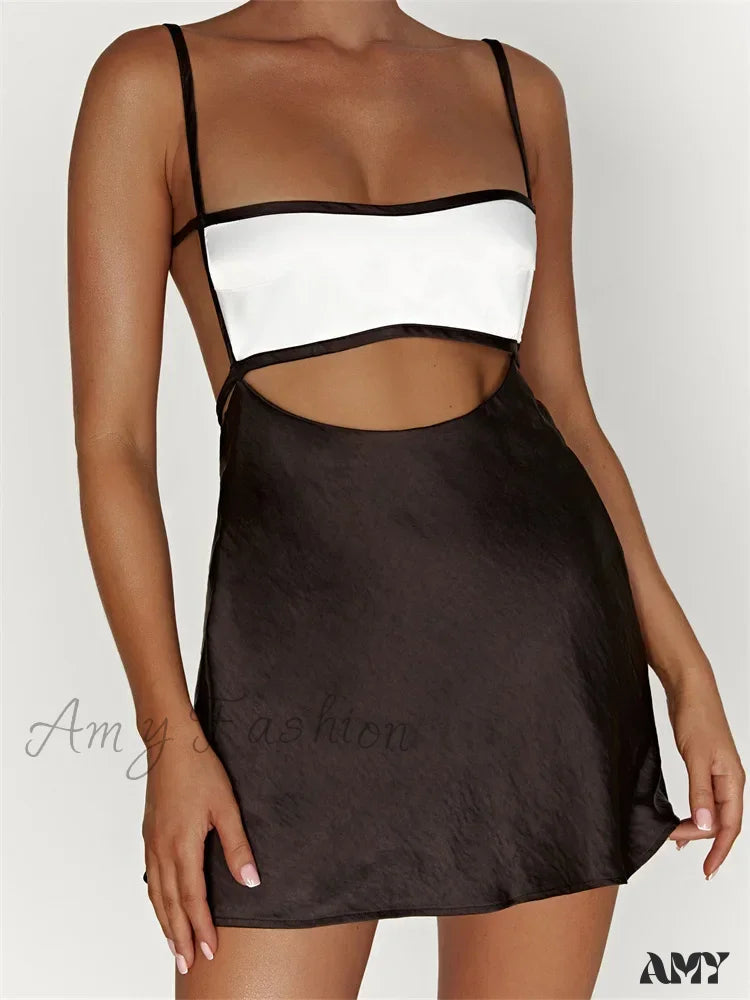 Amy Fashion - Sexy Sleeveless Strap Patchwork Hollow Out Backless Mini Dress Elegant Satin Mini Dress