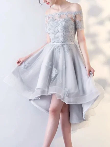 Silver Grey Off The Shoulder Binding Mini Dress,High Low Evening Dress,Sexy Short Sleeves homecoming dress  cg10855 Elegant Satin Mini Dress