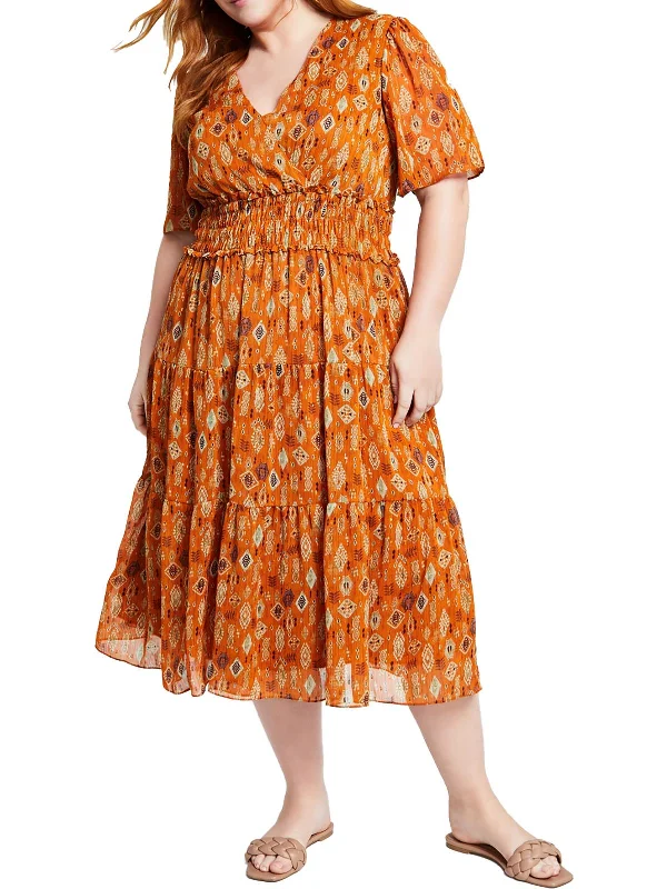 Plus Womens Printed Chiffon Fit & Flare Dress empire Waist empire