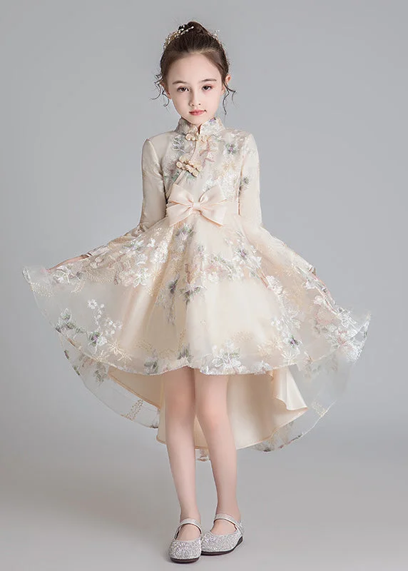 Stylish Champagne Stand Collar Embroideried Low High Design Tulle Girls Long Dresses Fall QV002 Tunics Occasion special