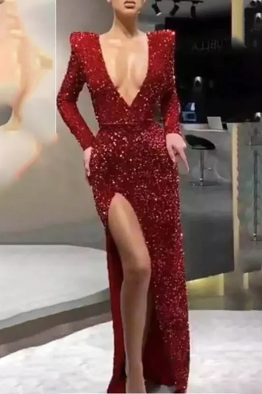 Sexy Formal Solid Sequined V Neck Evening Dress Dresses Shift Classic Vintage
