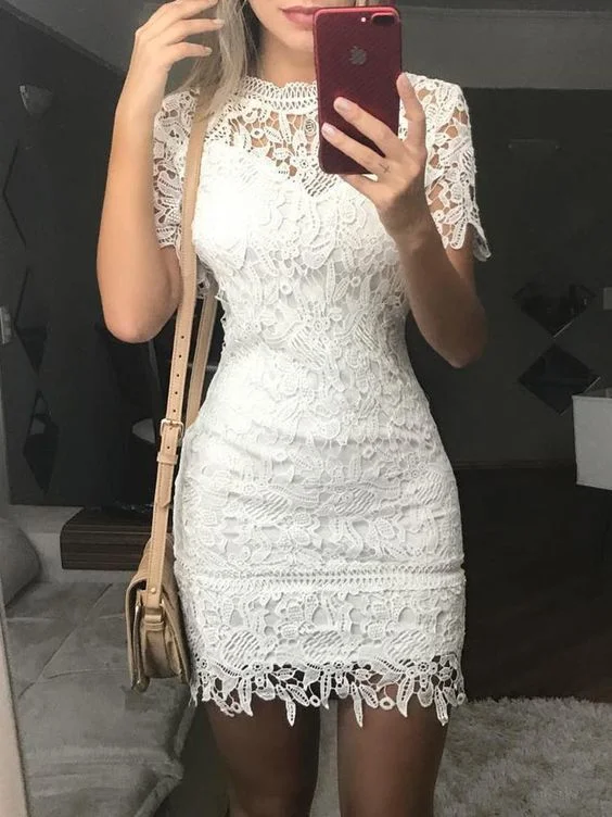 2020 Homecoming dress See Through Lace Crochet Bodycon Mini Dress  cg8586 Chic Halter Mini Dress