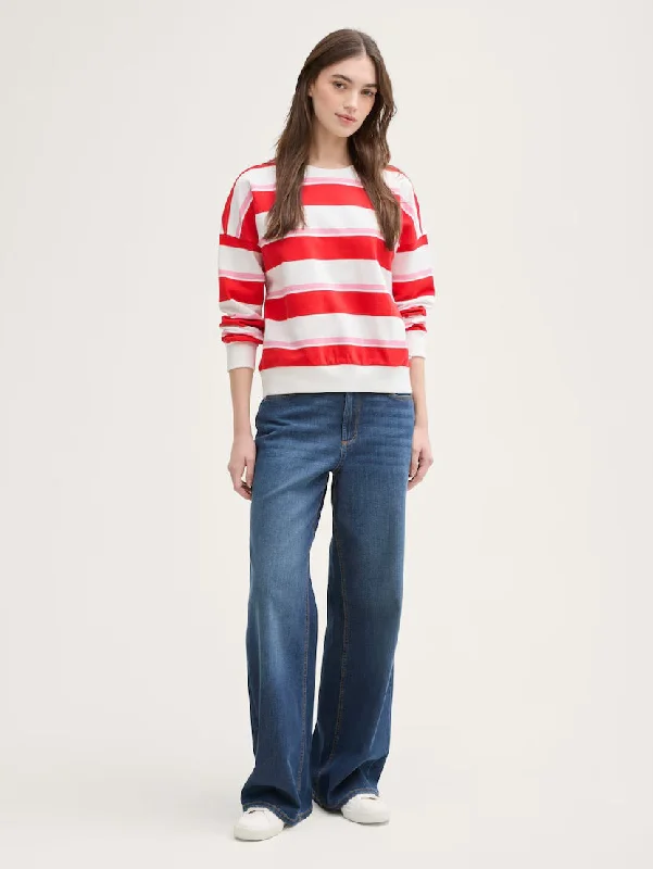 Loose Fit Sweatshirt  - White/Red/Pink Stripe Hoodie with Tied Waist Feminine Flattering