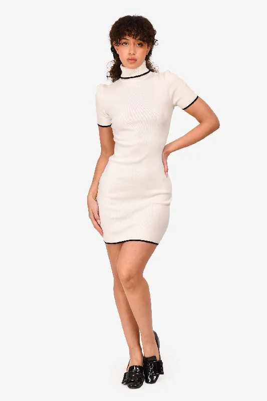 Meshki White/Black Contrast Stitch Turtleneck Mini Dress Size S Elegant Silk Mini Dress