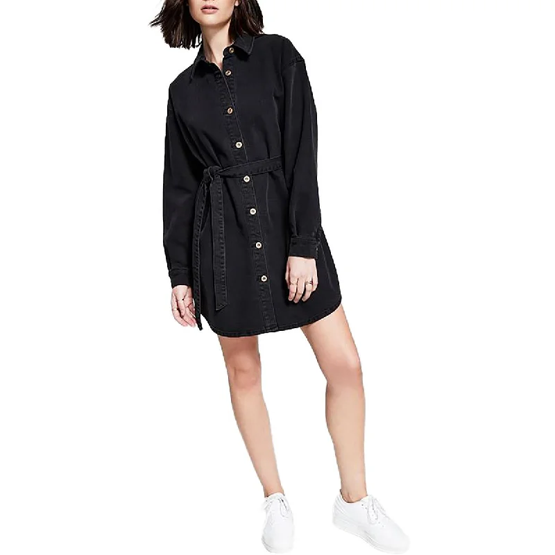 Womens Denim Tie Waiste Mini Dress Tunics Long Elegant