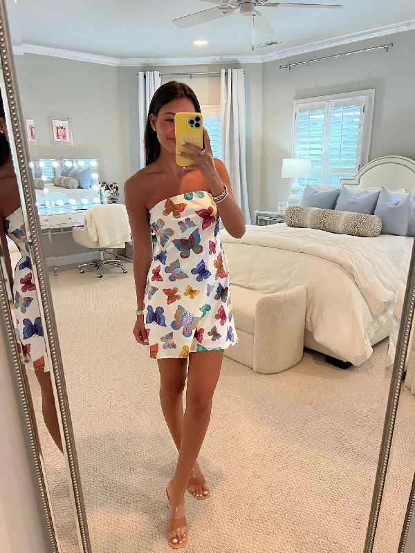 Taylor Tube Mini Dress - Rainbow Butterflies Casual High-Waist Mini Dress