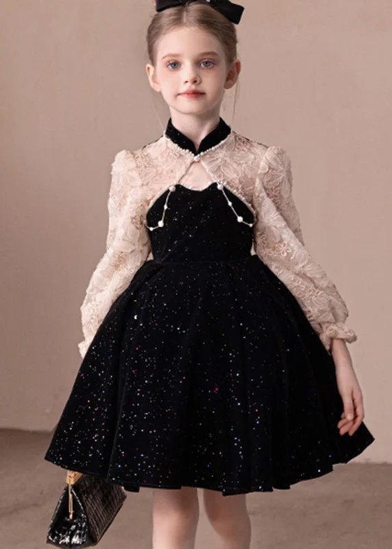 Boutique Black Stand Collar Lace Patchwork Kids Party Mid Dress Fall RP039 Turtleneck Neckline Stylish