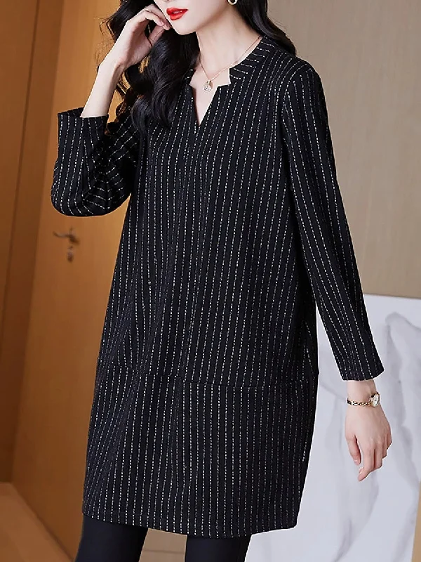 Women Autumn Casual Stripe V-Neck Mini Dress QM032 empire Waist empire