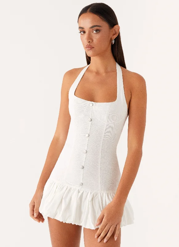 Georgina Denim Mini Dress - White Trendy Off-Shoulder Dress Mini