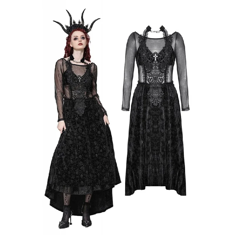 Women's Gothic Floral Embroidered Mesh Splice Velvet Gown Dress Tunics Trendy modern