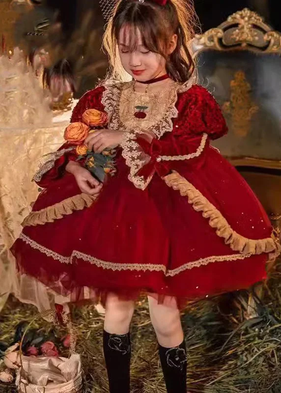 Lovely Red O-Neck Tulle Lace Patchwork Girls Mid Dresses Winter RP041 Tunics Office stylish