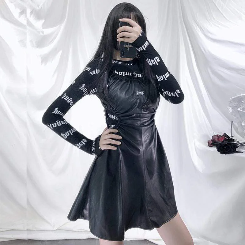 Women's Waist Hollowed Faux Leather Slip Dresses Square Neckline Feminine