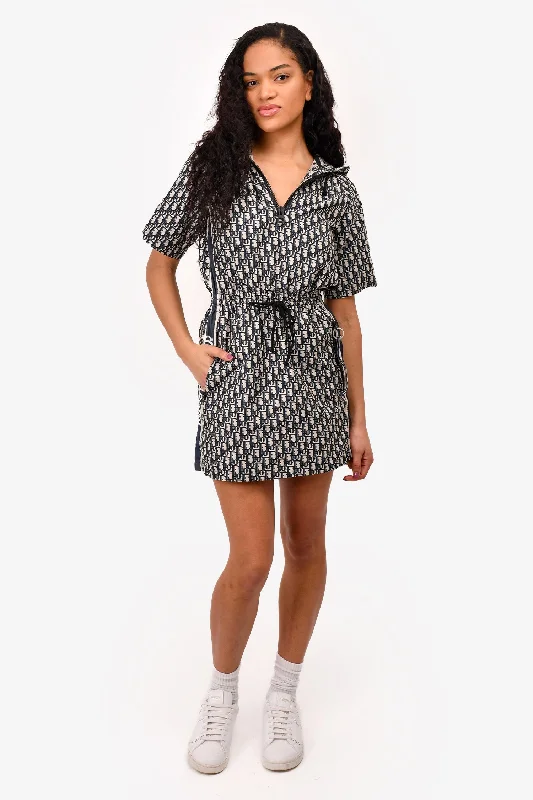 Christian Dior Blue Oblique Jacquard Hooded Mini Dress Size 2 US Chic Halter Mini Dress