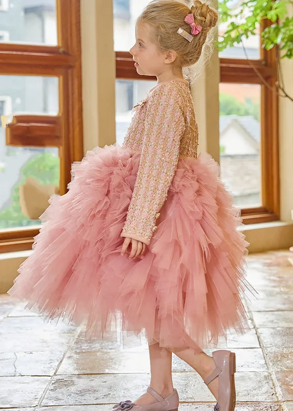 DIY Pink O-Neck Tulle Kids Long Dress Winter RP048 Tunics Vintage classic