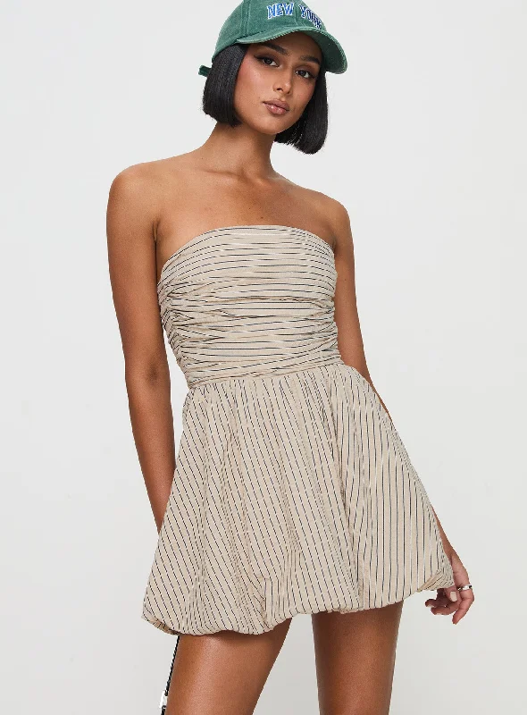 Quinette Strapless Bubble Hem Mini Dress Beige Stripe Crew Neckline Sporty