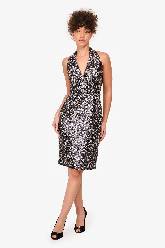 Prada Black Metallic Floral Halter Mini Dress Size 40 Stylish Ribbed Mini Dress