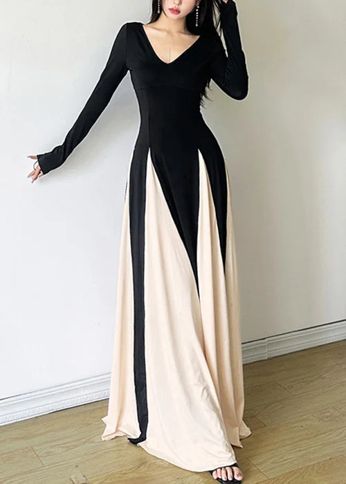 New Black V Neck Patchwork Cotton Maxi Dresses Fall WY028 Tunics Office stylish